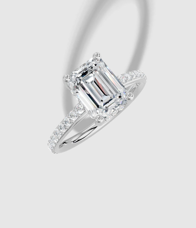 2.40 ctw Emerald Cut Lab Grown Diamond Shared Prong Cathedral Hidden Halo Engagement Ring in 14K Gold