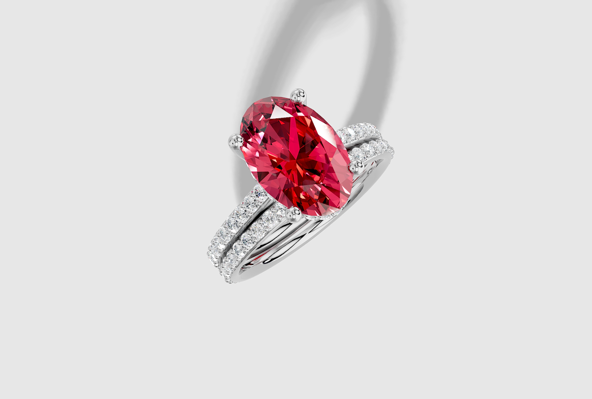 11.0 x 8.0 mm Oval Cut Lab Grown Ruby Shared Prong Cathedral Hidden Halo Engagement Ring in 18K Gold and 0.36 ctw Matching Band