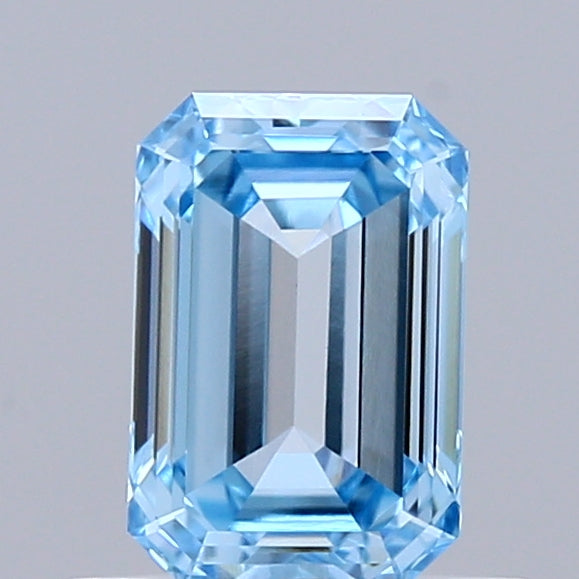 0.74 Carat Emerald Shaped, Ideal Cut, FANCY VIVID BLUE Color, VVS2 Clarity, IGI Certified Lab Grown Diamond