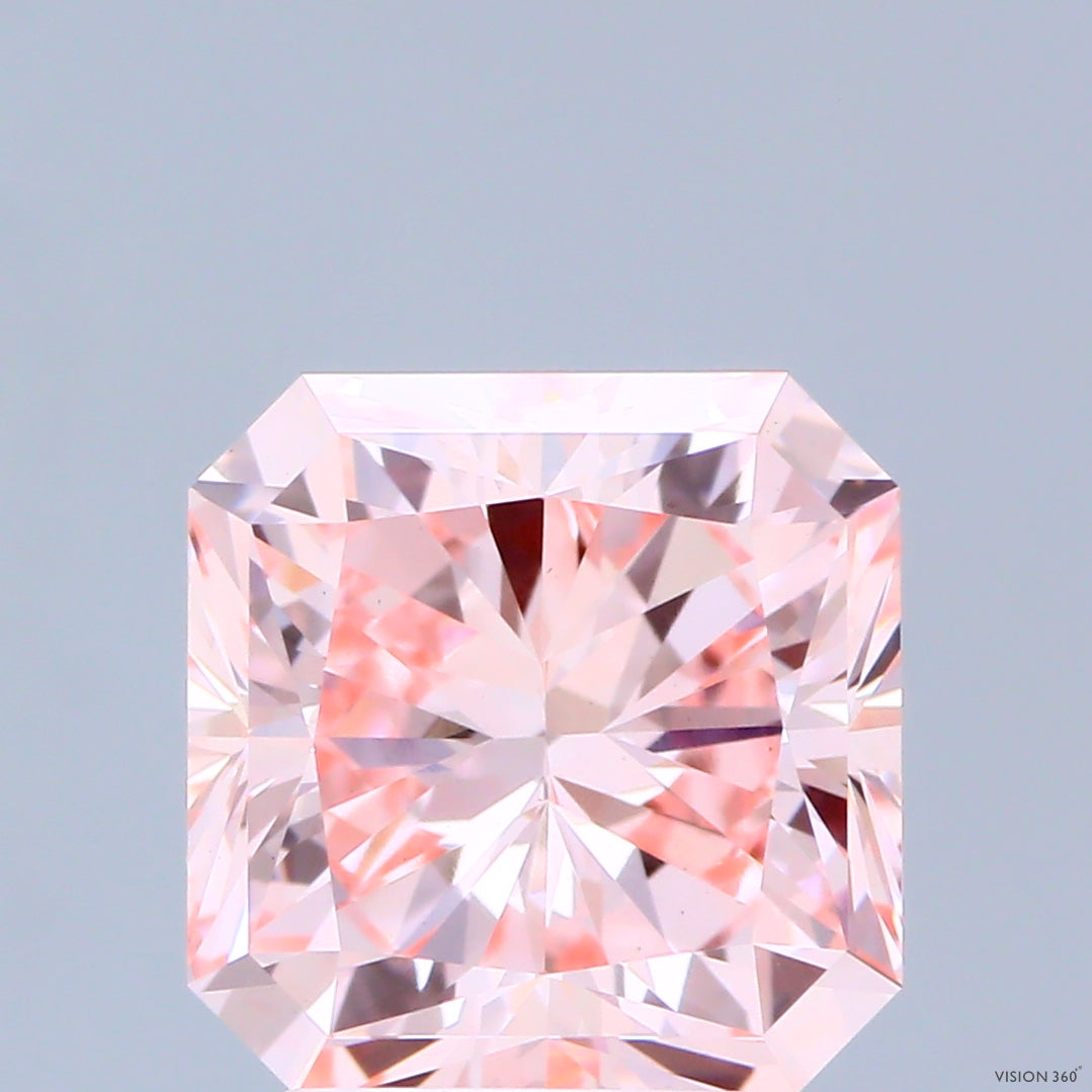 3.40 Carat Radiant Shaped, Ideal Cut, FANCY INTENSE PINK Color, VS1 Clarity, IGI Certified Lab Grown Diamond