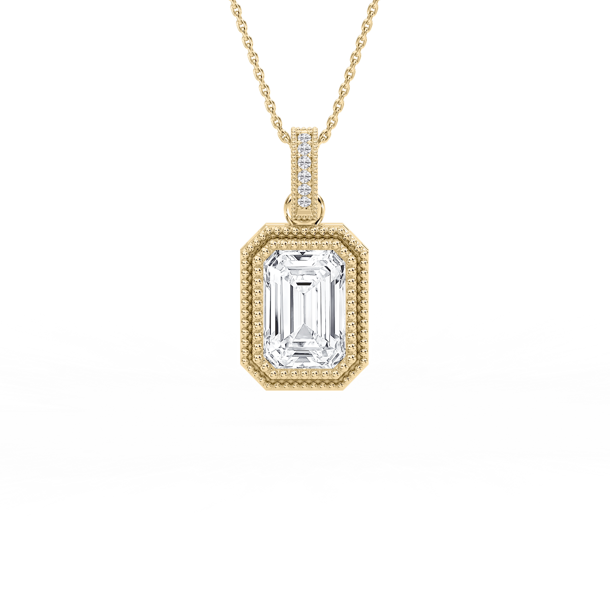 4 ctw Emerald Lab Grown Diamond Vintage Milgrain Accented Pendant - 16-18 Inches