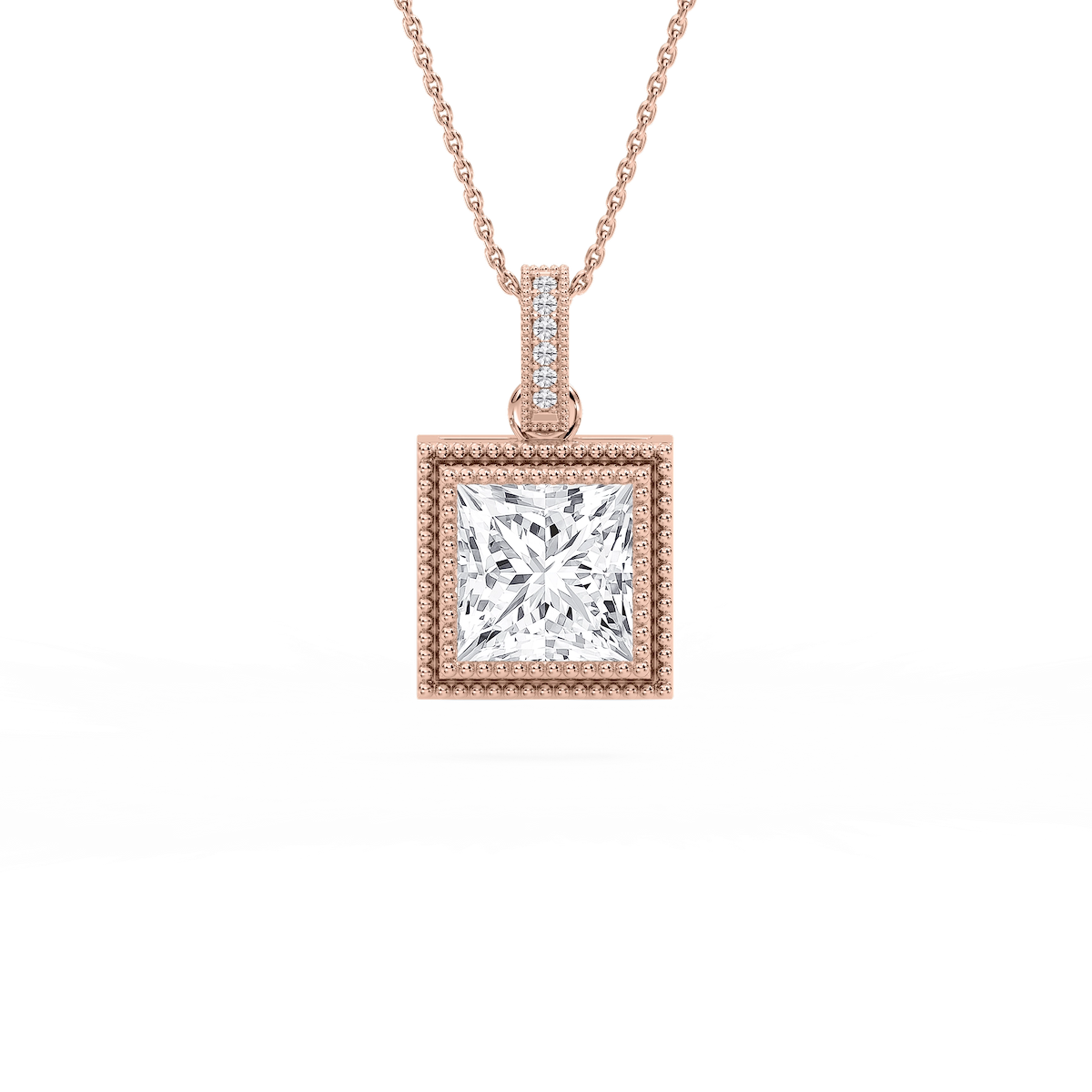 4 ctw Princess Lab Grown Diamond Vintage Milgrain Accented Pendant - 16-18 Inches