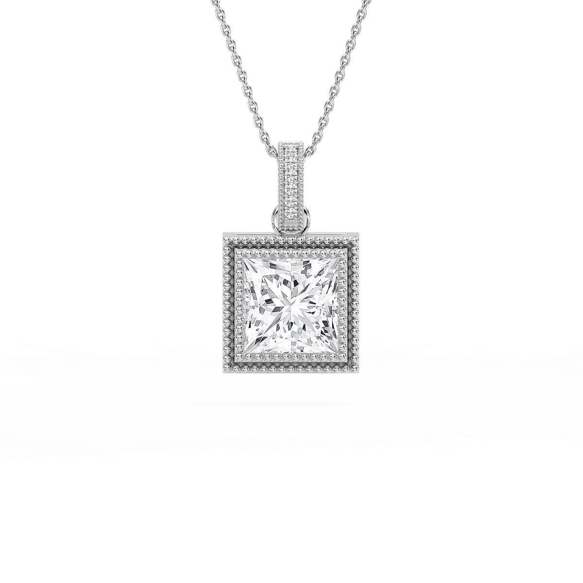 4 ctw Princess Lab Grown Diamond Vintage Milgrain Accented Pendant - 16-18 Inches