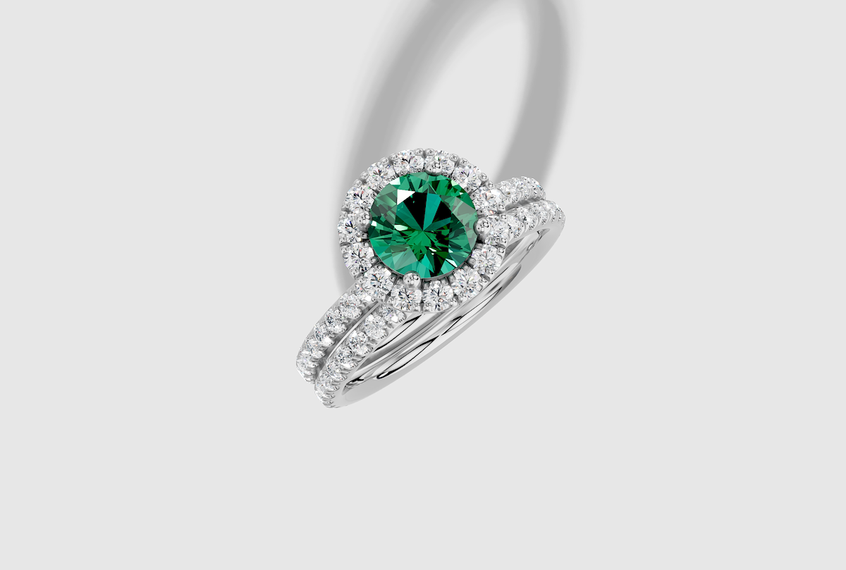 6.5 mm Round Cut Lab Grown Emerald Micro Prong Classic Halo Engagement Ring in 18K Gold and 0.35 ctw Matching Band