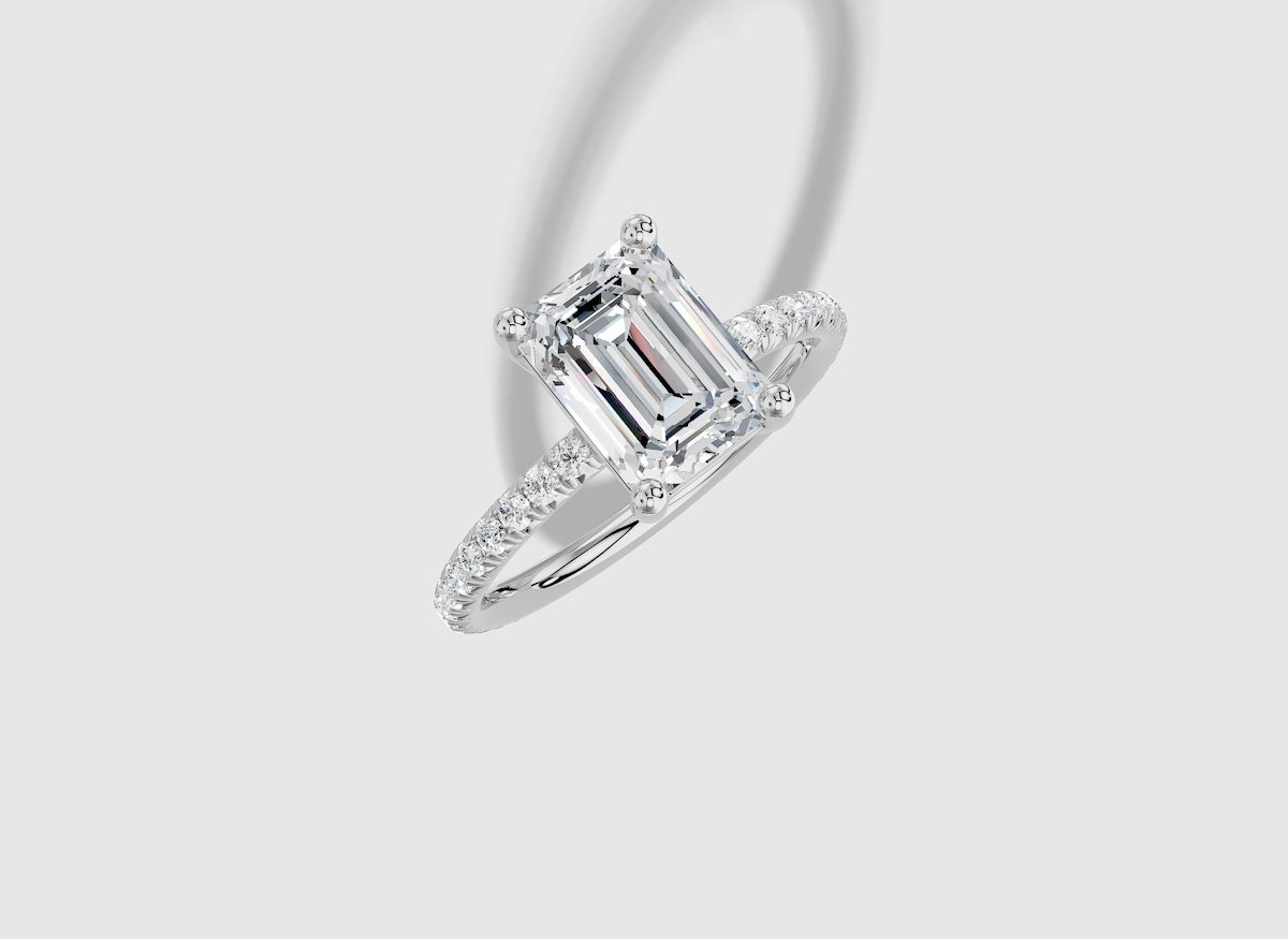 2.32 ctw Emerald Cut Lab Grown Diamond French Pave Classic Prong Set Engagement Ring in 18K Gold