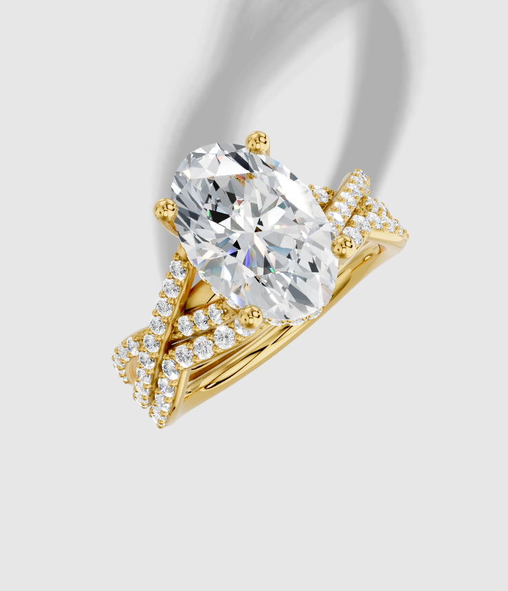 3.40 ctw Oval Cut Lab Grown Diamond Shared Prong Twist Hidden Halo Engagement Ring in 18K Gold and 0.28 ctw Matching Band