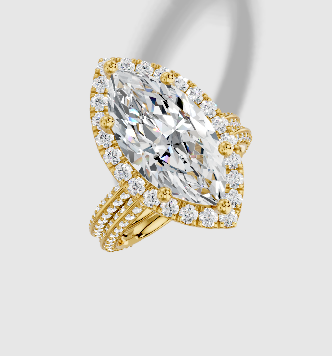 4.79 ctw Marquise Cut Lab Grown Diamond Pave Knife Edge Halo Engagement Ring in 18K Gold and 0.37 ctw Matching Band