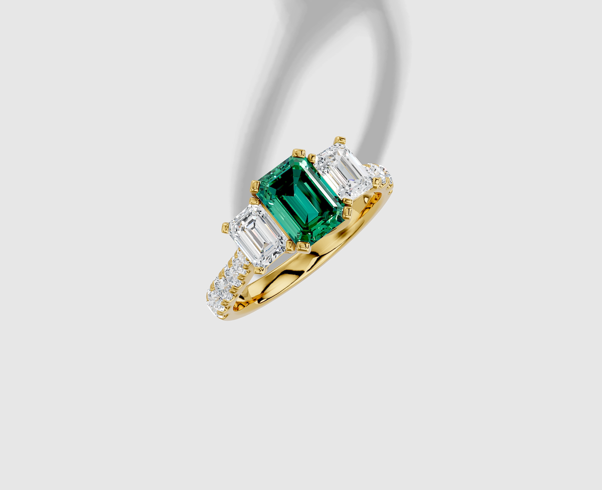 18K gold 1.00 carat Emerald Diamond 3 Stone  Micro Prong  Three stone