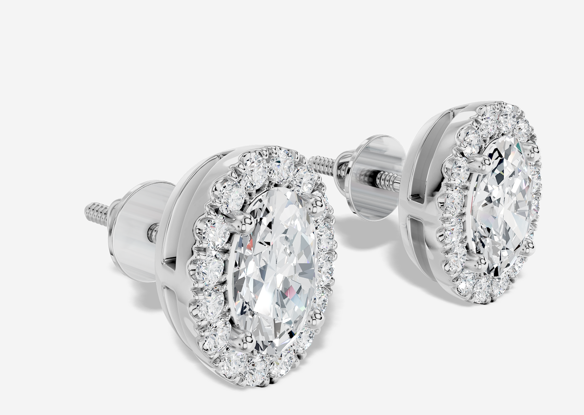 Platinum 0.75 Carat Oval E/VS1 Lab Grown Halo Studs