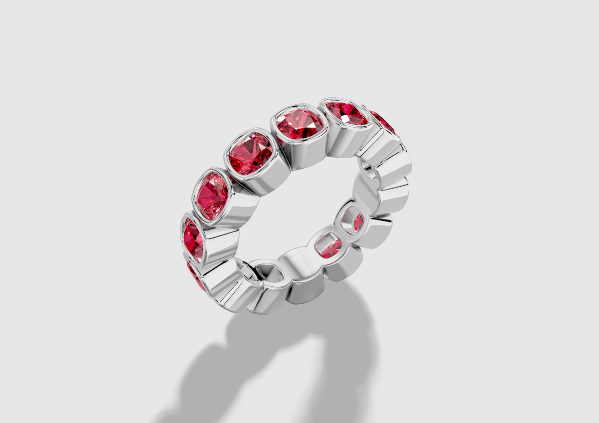 Cushion Cut Lab Grown Ruby North-South Bezel Eternity Band in Platinum