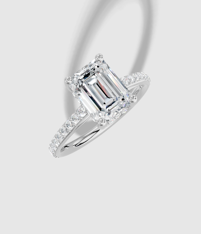 2.40 ctw Emerald Cut Lab Grown Diamond Shared Prong Cathedral Hidden Halo Engagement Ring in 14K Gold