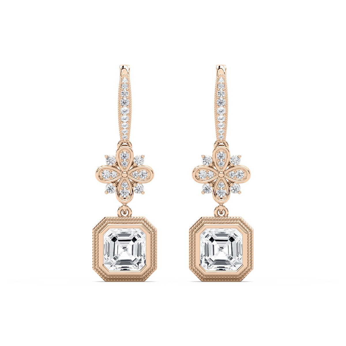 6 ²⁄₅ ctw Asscher and Round Lab Grown Diamond Vintage Floral Drop Earrings – Signature Collection