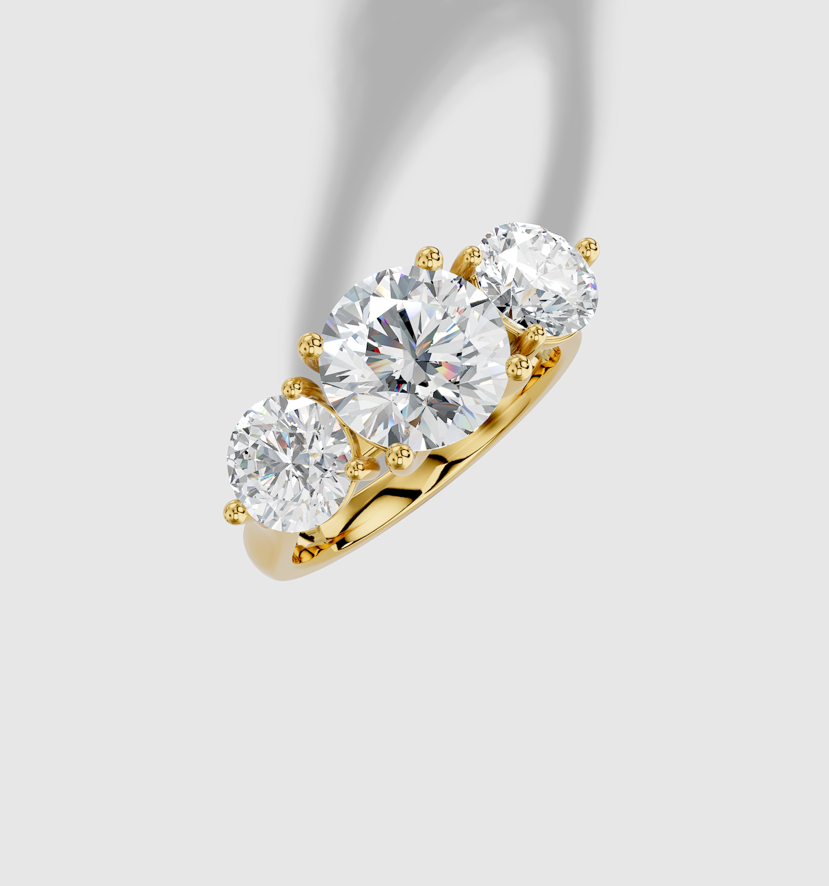 Round Cut Standard Trellis Three Stone Ring in 14K Gold