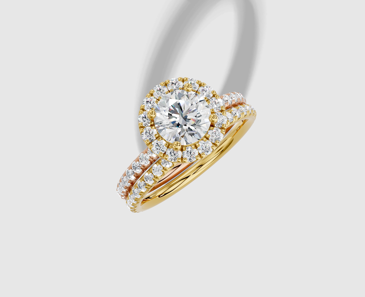 1.59 ctw Round Cut Lab Grown Diamond Micro Prong Classic Halo Engagement Ring in 14K Gold and 0.35 ctw Matching Band