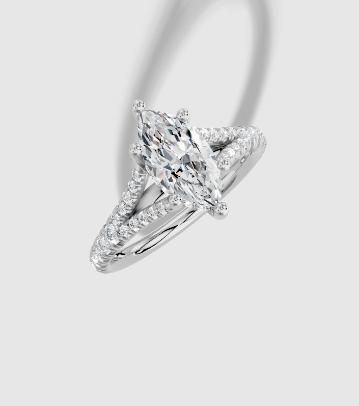 1.40 ctw Marquise Cut Lab Grown Diamond French Pave Split Shank Hidden Halo Engagement Ring in 14K Gold