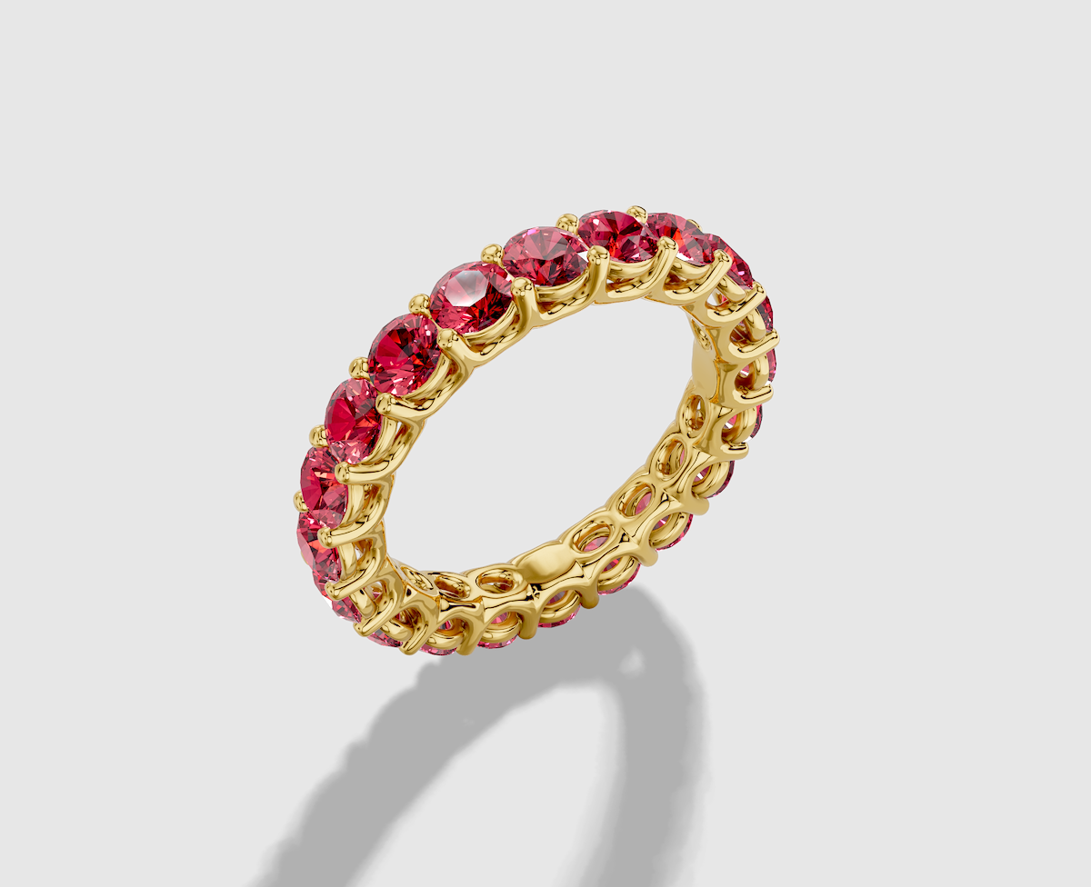 Round Cut Lab Grown Ruby Shared Prong Eternity Band in 14K Gold