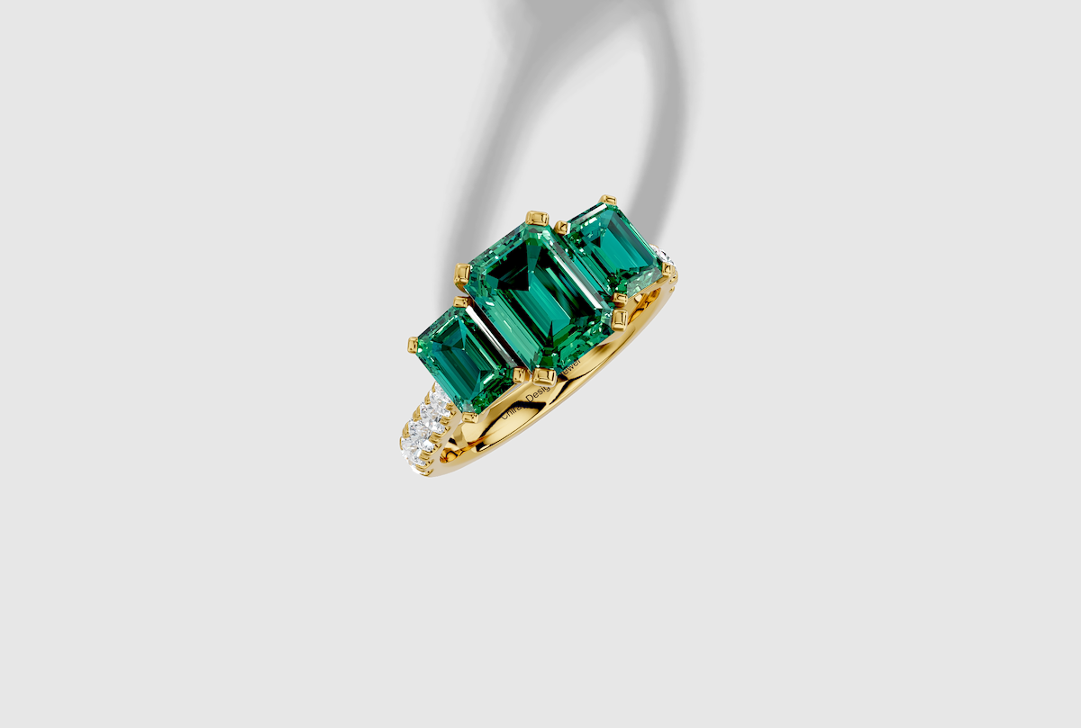 Emerald Cut Micro Prong Trellis Three Stone Ring in 18K Gold