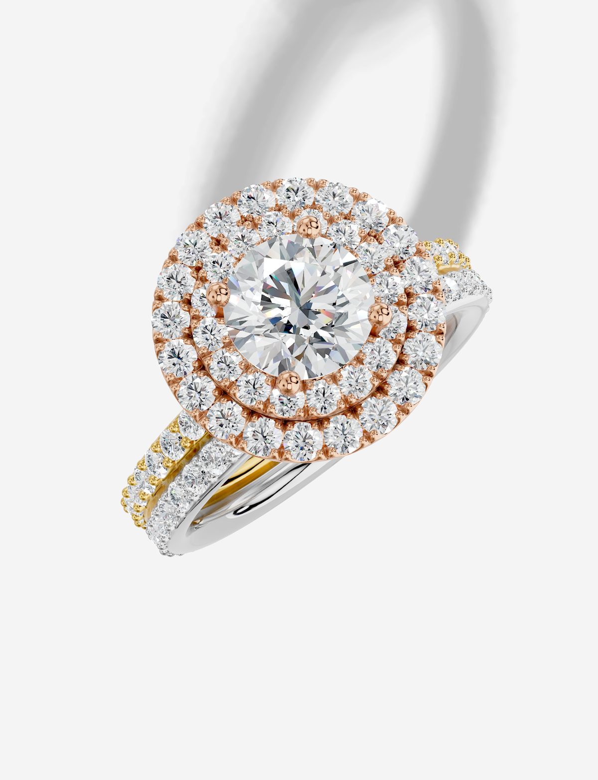 1.78 ctw Round Cut Lab Grown Diamond Shared Prong Classic Double halo Engagement Ring in 14K Gold and 0.37 ctw Matching Band