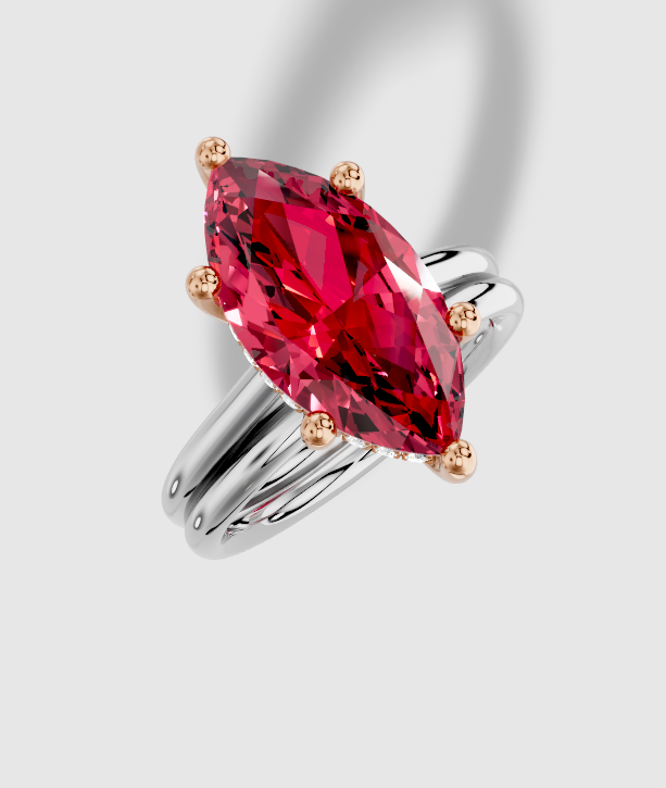 18.0 x 9.5 mm Marquise Cut Lab Grown Ruby Standard Cathedral Hidden Halo Engagement Ring in 14K Gold and Matching Band