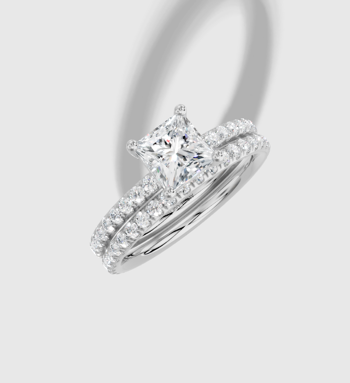 1.32 ctw Princess Cut Lab Grown Diamond Micro Prong Classic Prong Set Engagement Ring in Platinum and 0.35 ctw Matching Band
