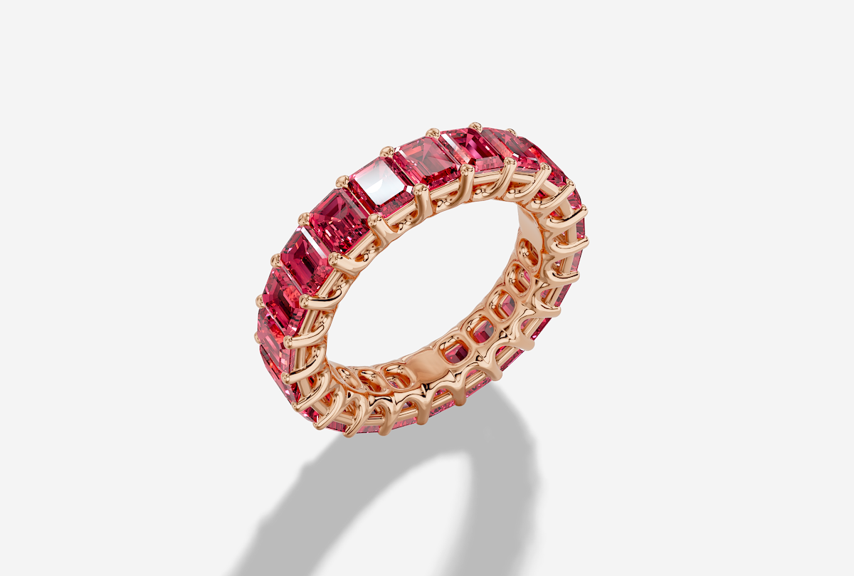 Emerald Cut Lab Grown Ruby Shared Prong Eternity Band in 18K Gold