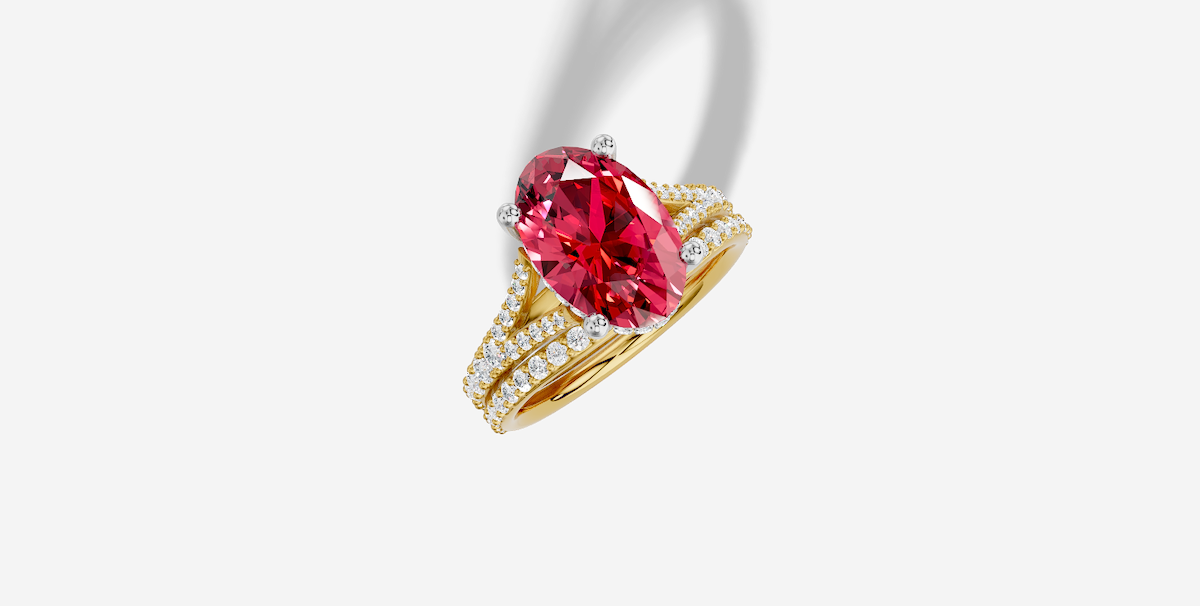 11.0 x 8.0 mm Oval Cut Lab Grown Ruby Shared Prong Split Shank Hidden Halo Engagement Ring in 18K Gold and 0.30 ctw Matching Band