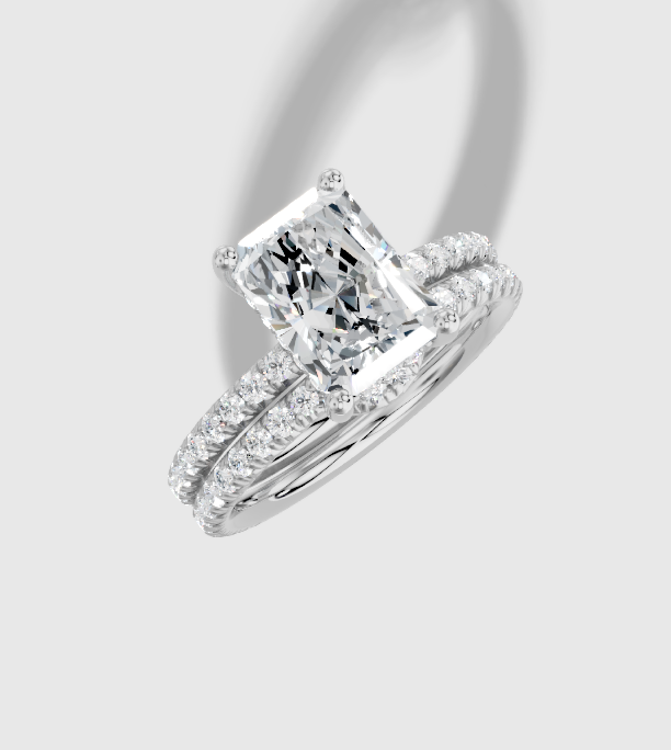 2.40 ctw Radiant Cut Lab Grown Diamond French Pave Classic Hidden Halo Engagement Ring in Platinum and 0.37 ctw Matching Band