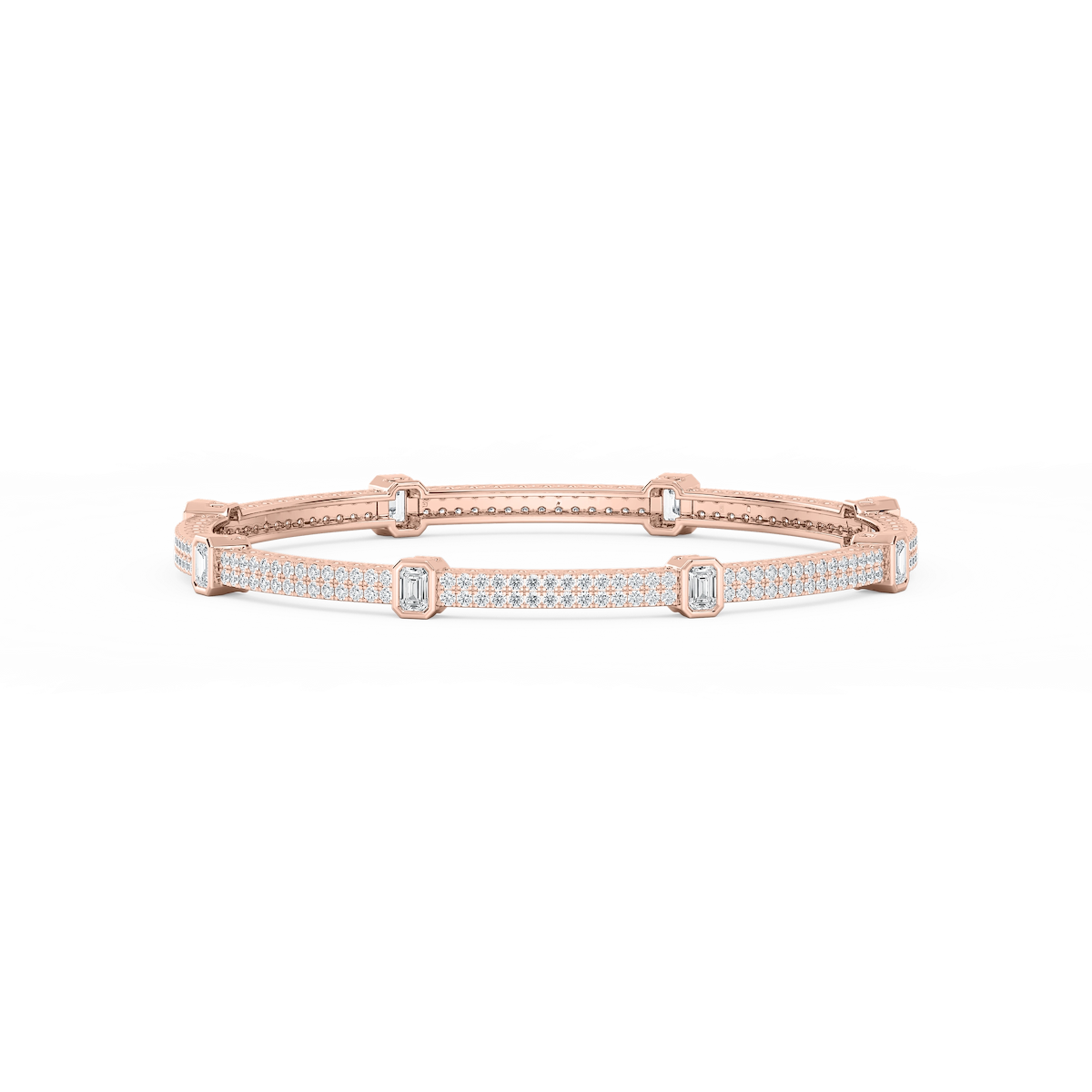 9 ctw Emerald and Round Lab Grown Diamond Double Row Station Bangle Bracelet  - 7.25 Inches