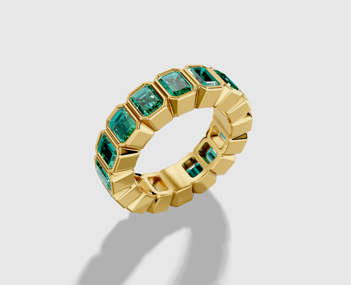Emerald Cut Lab Grown Emerald North-South Bezel Eternity Band in 18K Gold
