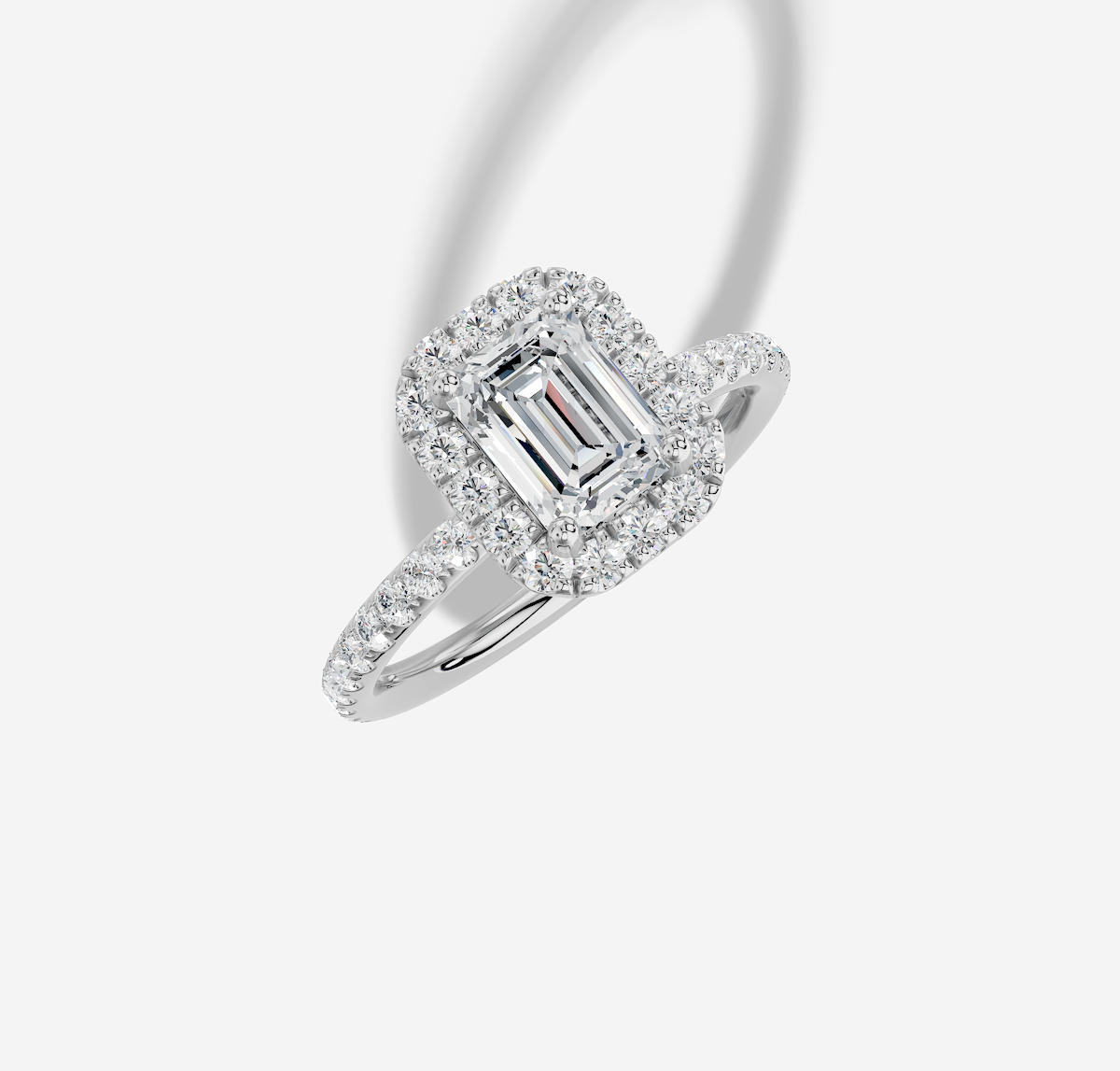 1.56 ctw Emerald Cut Lab Grown Diamond Micro Prong Classic Halo Engagement Ring in Platinum