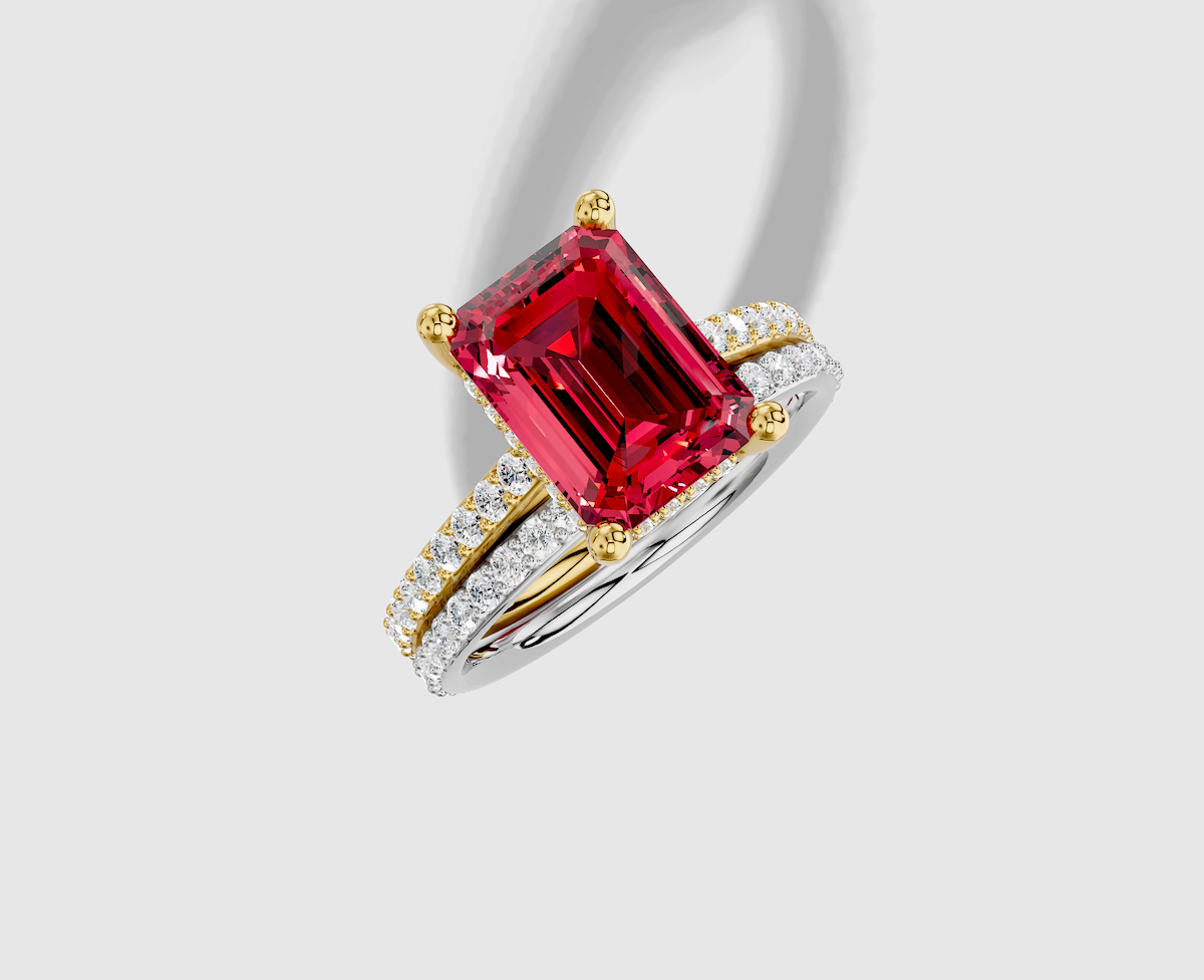 10.5 x 8.0 mm Emerald Cut Lab Grown Ruby Shared Prong Cathedral Hidden Halo Engagement Ring in 14K Gold and 0.36 ctw Matching Band