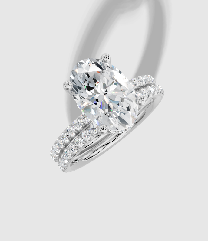 3.42 ctw Oval Cut Lab Grown Diamond Micro Prong Classic Hidden Halo Engagement Ring in 18K Gold and 0.37 ctw Matching Band