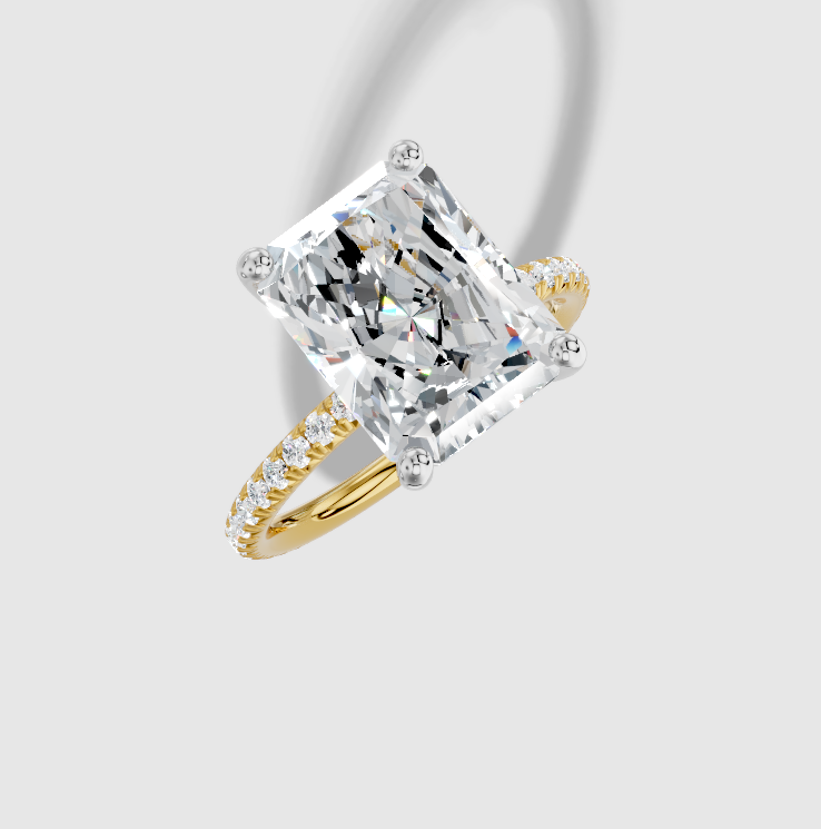 4.42 ctw Radiant Cut Lab Grown Diamond French Pave Classic Hidden Halo Engagement Ring in 18K Gold