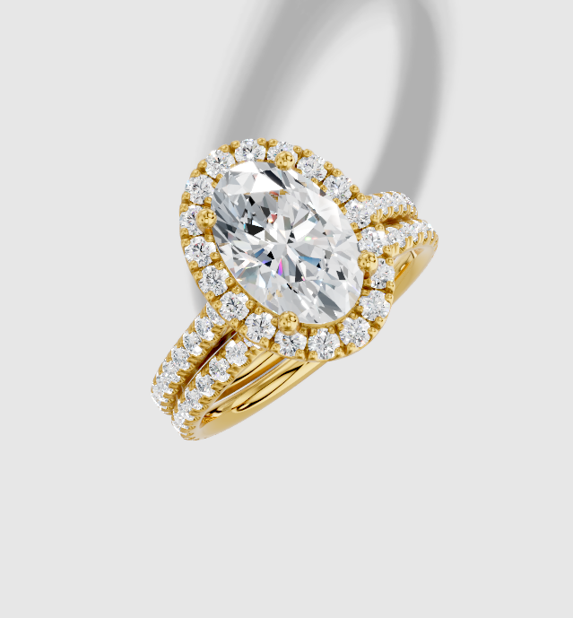 2.66 ctw Oval Cut Lab Grown Diamond Micro Prong Cathedral Halo Engagement Ring in 14K Gold and 0.37 ctw Matching Band