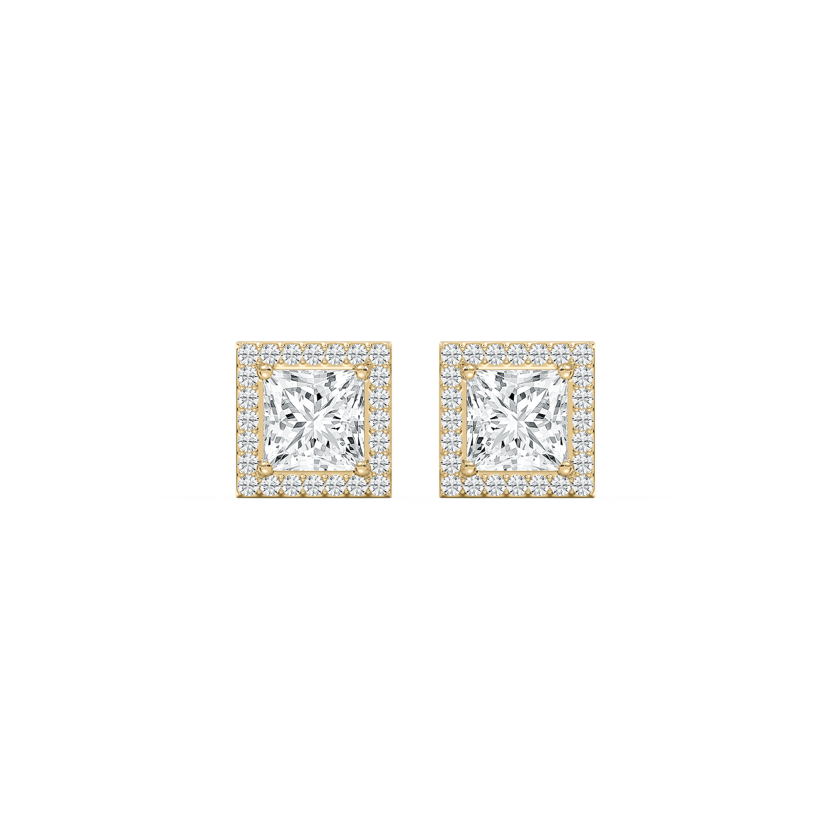 Custom Halo Princess Diamond Earrings in Yellow Gold