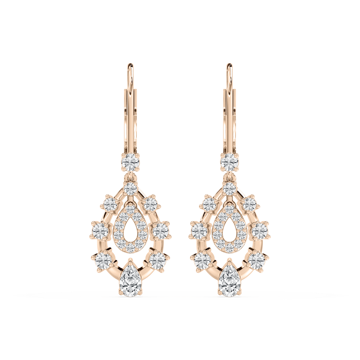 Graduated Pear and Round Diamond Dangles in Rose Gold