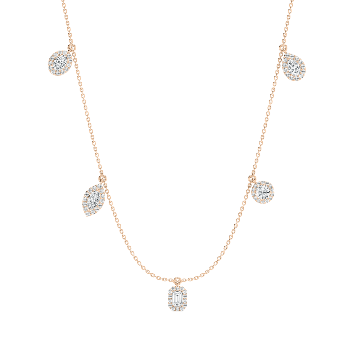 Multi-Shape Diamond Halo Necklace in Rose Gold