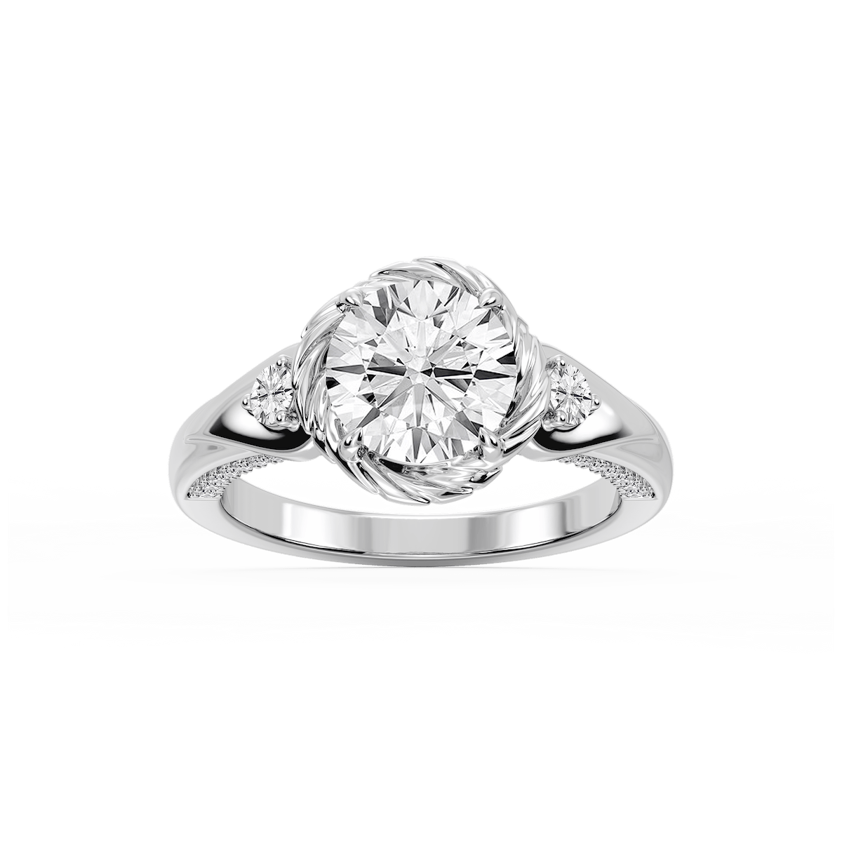 Mabel Round Lab Grown Diamond Swirl Halo Three Stone Engagement Ring