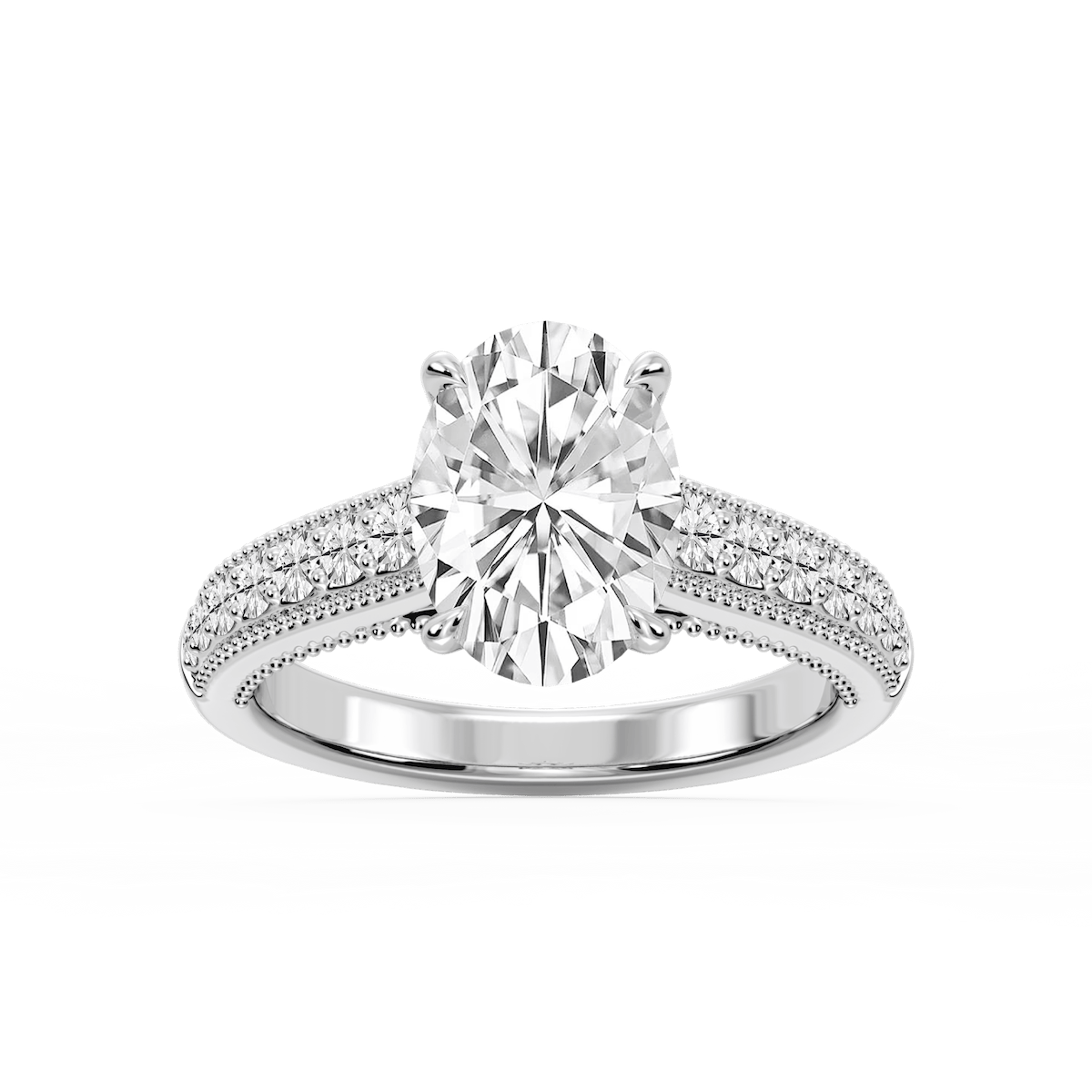 Veronica Oval Lab Grown Diamond Milgrain Channel Side Stone Engagement Ring