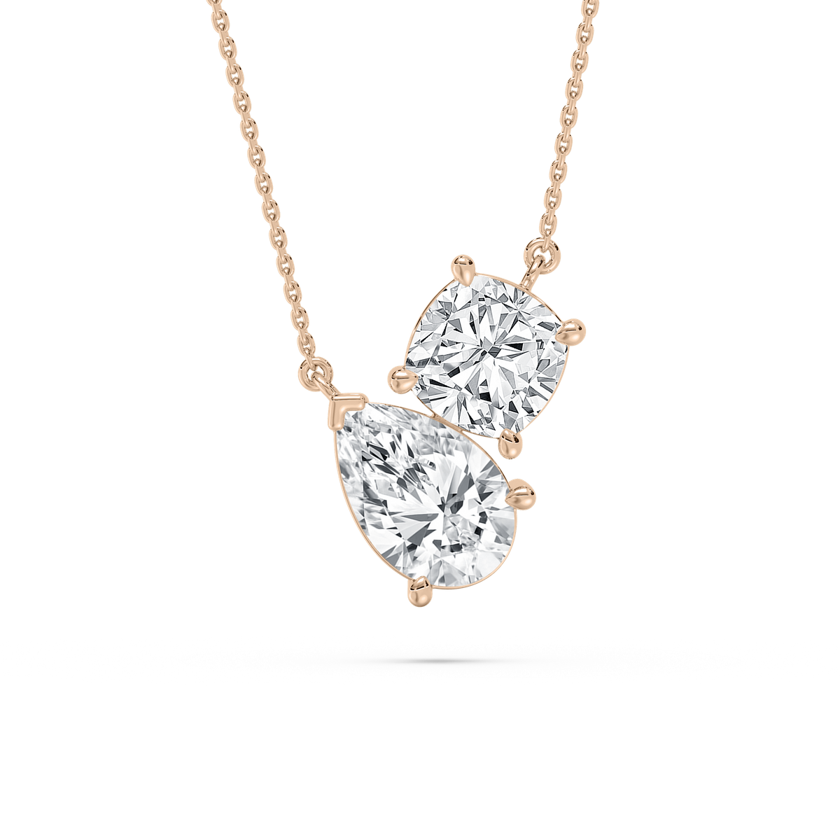 Round Pear Two Stone Necklace in Rose Gold