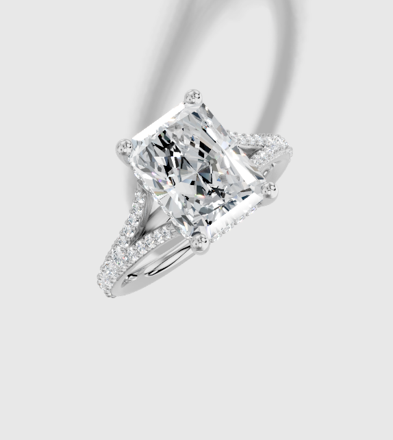 3.43 ctw Radiant Cut Lab Grown Diamond Shared Prong Split Shank Hidden Halo Engagement Ring in 14K Gold