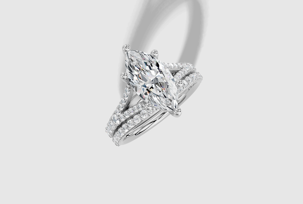 2.33 ctw Marquise Cut Lab Grown Diamond Shared Prong Split Shank Prong Set Engagement Ring in Platinum and 0.30 ctw Matching Band