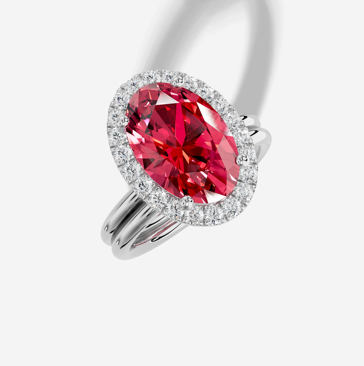 12.5 x 9.0 mm Oval Cut Lab Grown Ruby Standard Classic Halo Engagement Ring in 18K Gold and Matching Band