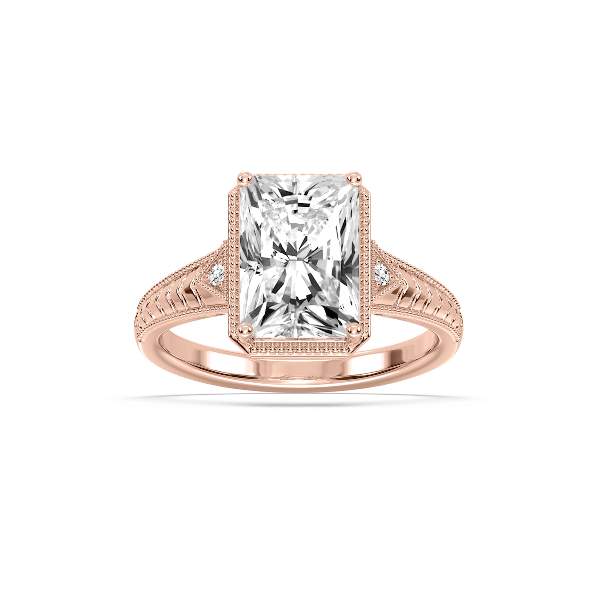 Alexandra Radiant Lab Grown Diamond Vintage Bezel and Milgrain Side Stone Engagement Ring