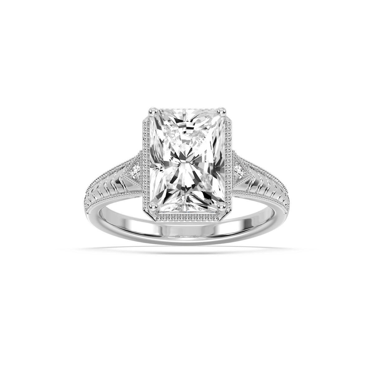 Alexandra Radiant Lab Grown Diamond Vintage Bezel and Milgrain Side Stone Engagement Ring