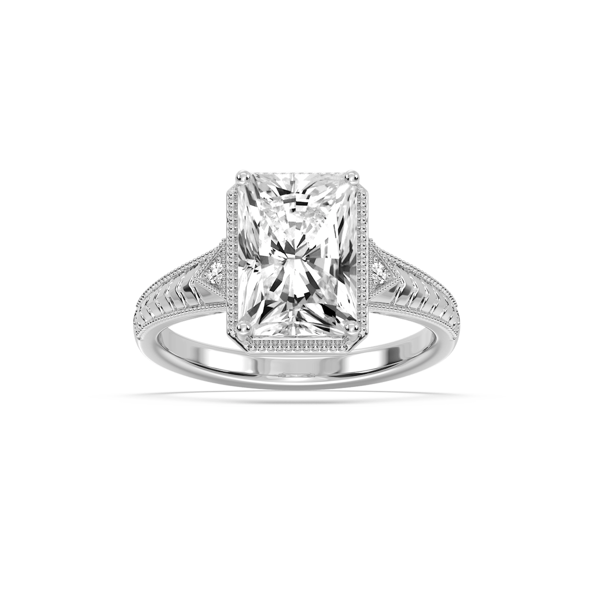 Alexandra Radiant Lab Grown Diamond Vintage Bezel and Milgrain Side Stone Engagement Ring