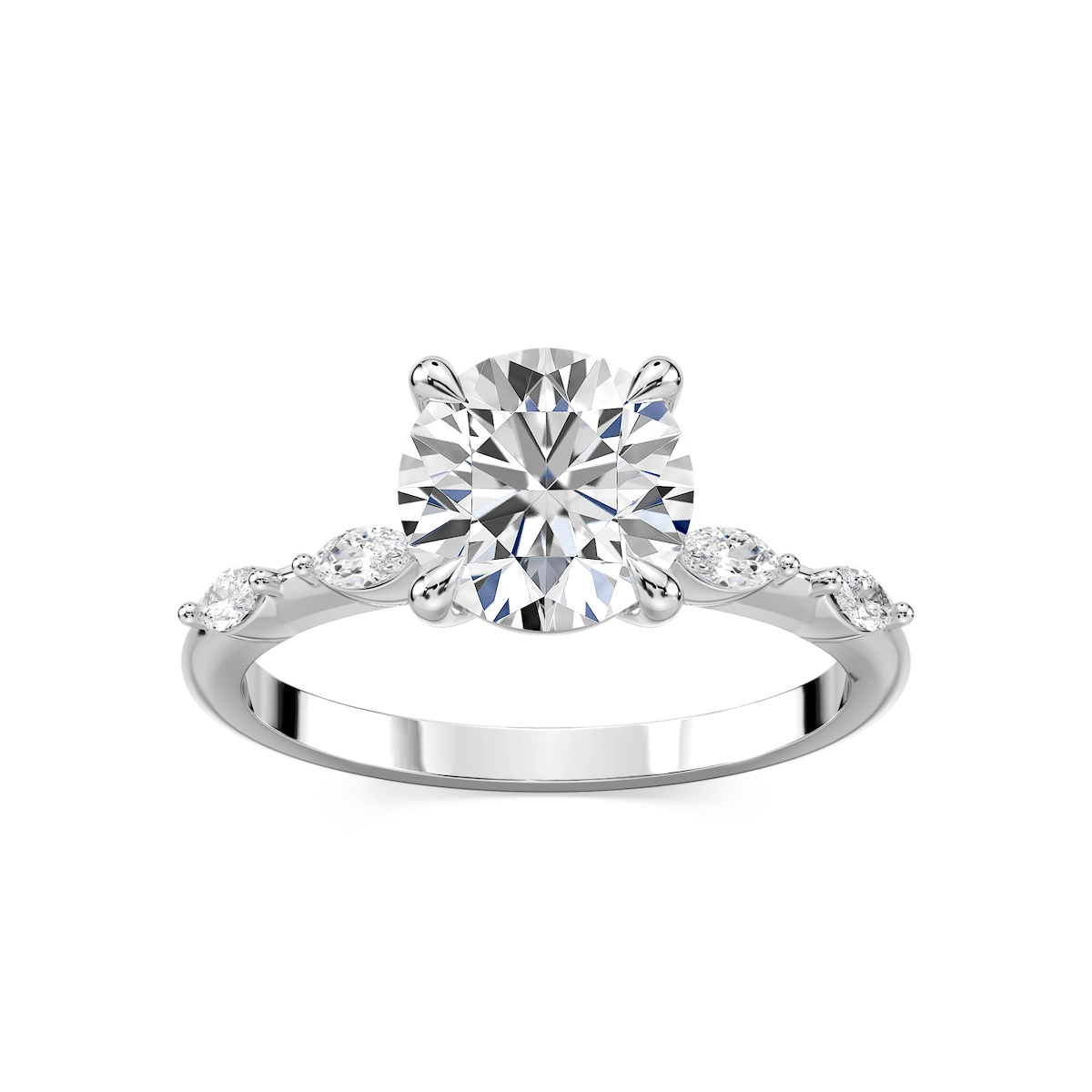 Amelie Round Lab Grown Diamond Spaced Marquise Side Stone Engagement Ring