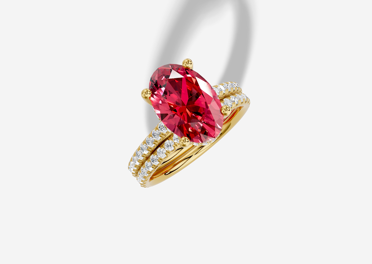 11.0 x 8.0 mm Oval Cut Lab Grown Ruby Micro Prong Cathedral Hidden Halo Engagement Ring in 14K Gold and 0.36 ctw Matching Band