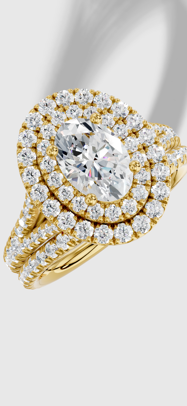 1.84 ctw Oval Cut Lab Grown Diamond French Pave Split Shank Double halo Engagement Ring in 14K Gold and 0.32 ctw Matching Band