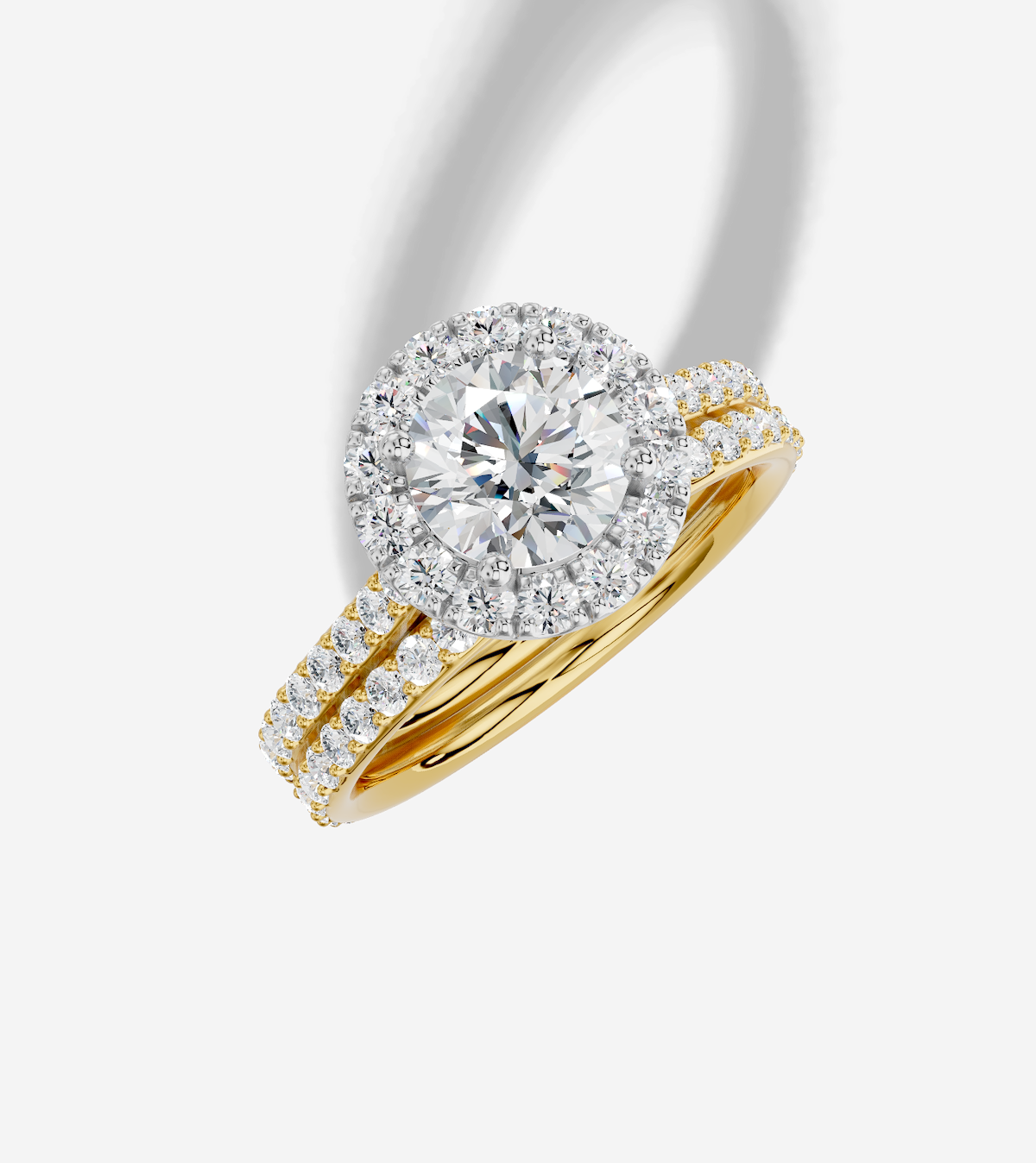 1.59 ctw Round Cut Labgrown Diamond Shared Prong Cathedral Halo Engagement Ring in 14K Gold and 0.37 ctw Matching Band